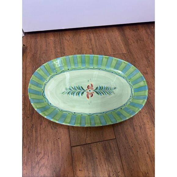 Gail Pittman Provence 14" Oval Serving Platter Flowers Green Bands Hand Painted - Picture 2 of 9
